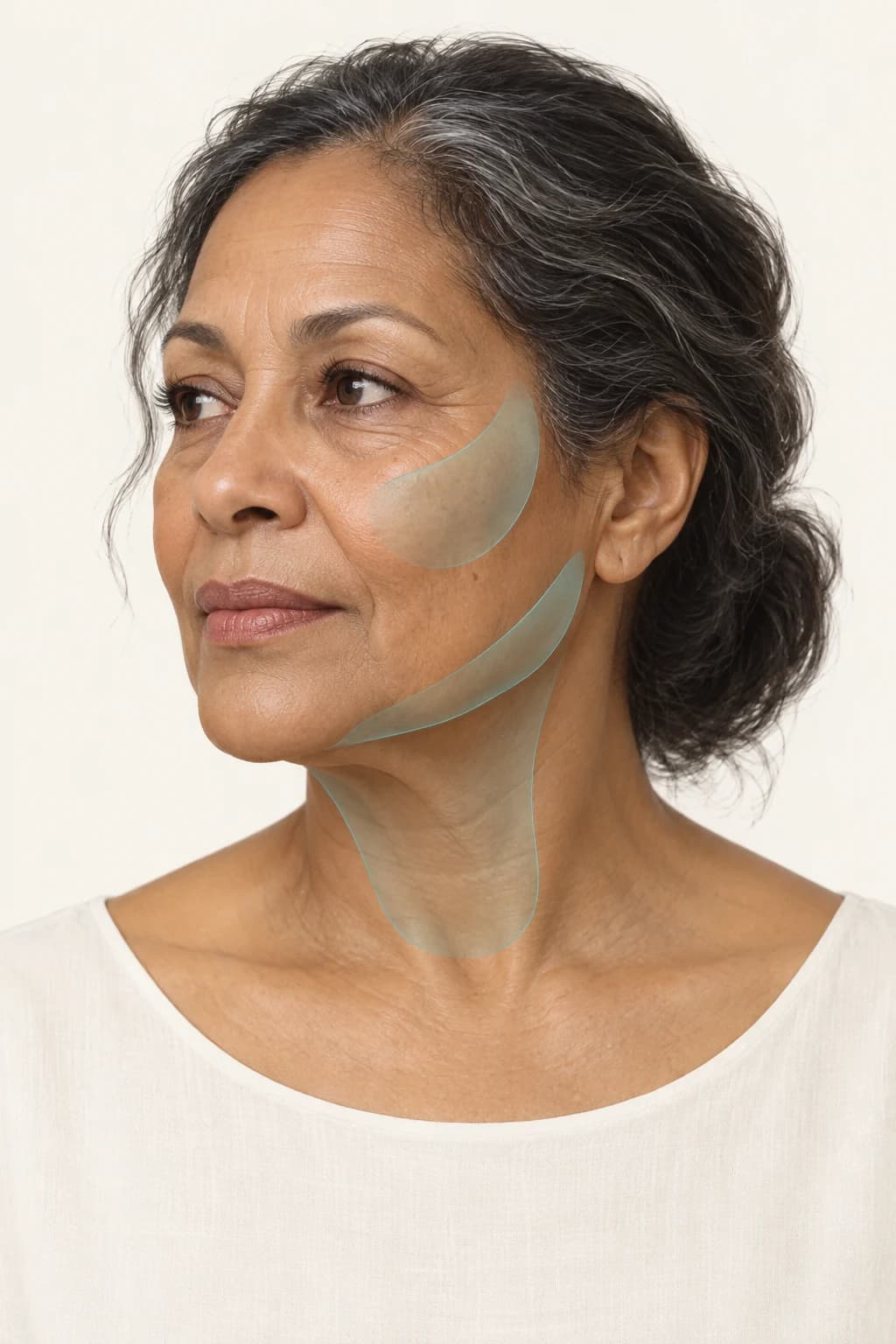 Ilustração de mulher madura com marcações suaves na bochecha, no contorno da mandíbula e no pescoço: regiões avaliadas no lifting facial