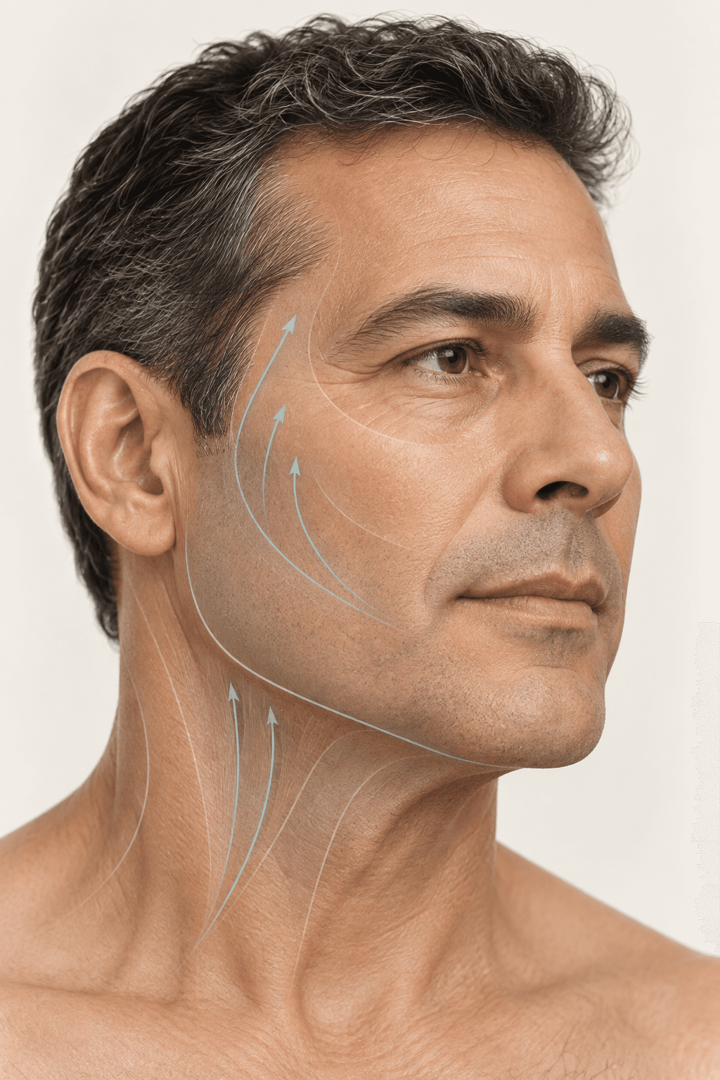 Ilustração educativa das regiões da face, mandíbula e pescoço avaliadas no lifting facial